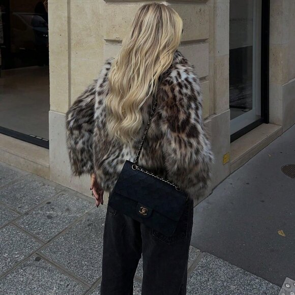 Women's Faux Fur animal print Long Sleeve Warm Coat - Picture 6 of 9